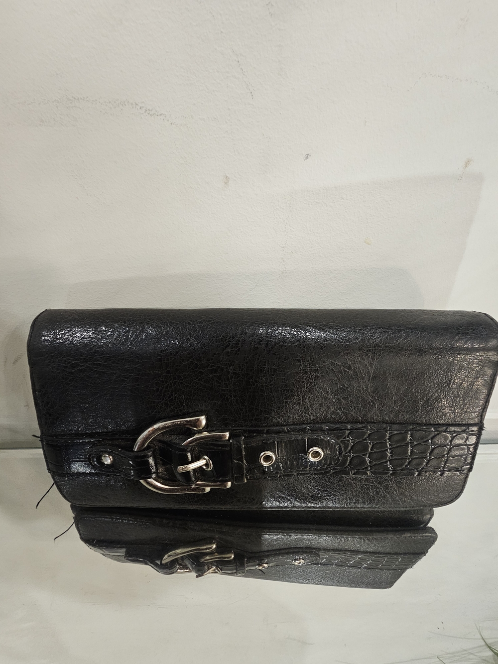 Men's Black Leather Belt-Accent Clutch Bag